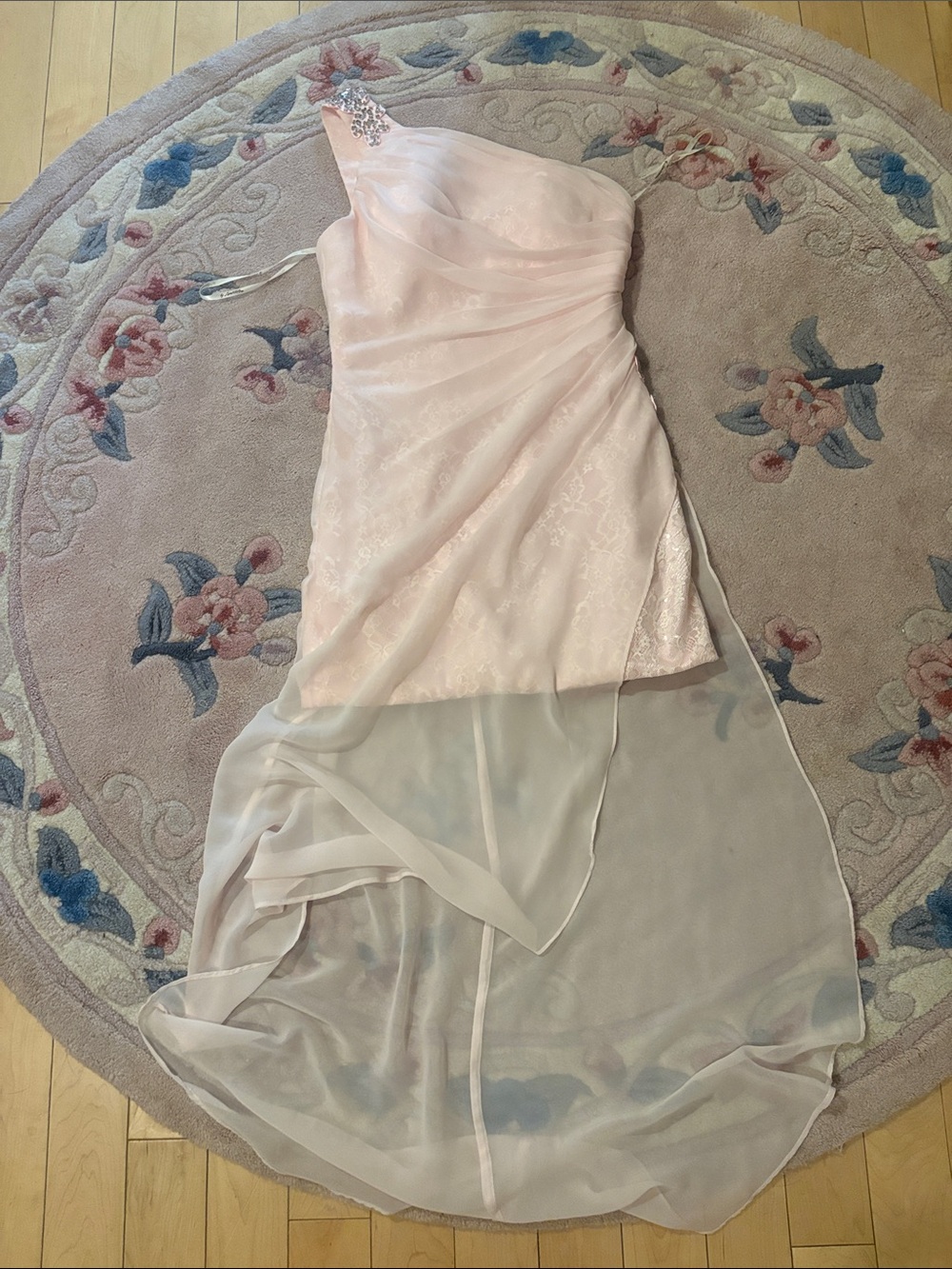 One-Shoulder Blush Pink Formal Dress with Sheer Train